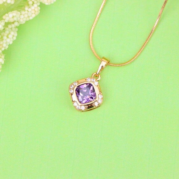 "Purple Cushion Stone Pendant in Gold Plated Brass with Crystal Halo, XPPT1770 - Picture 2 of 13